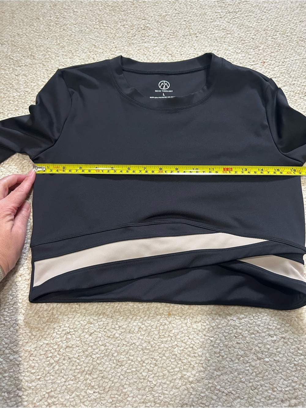 Move Theology Long Sleeve Black Crop Top Taupe Cross Stripe Thumb holes Sz Large - Picture 7 of 8